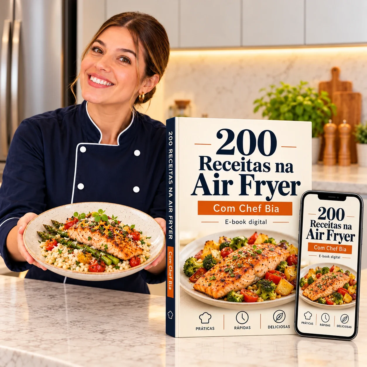 Chef Bia segurando um prato de salmão, ao lado de mockups do e-book em livro e no celular